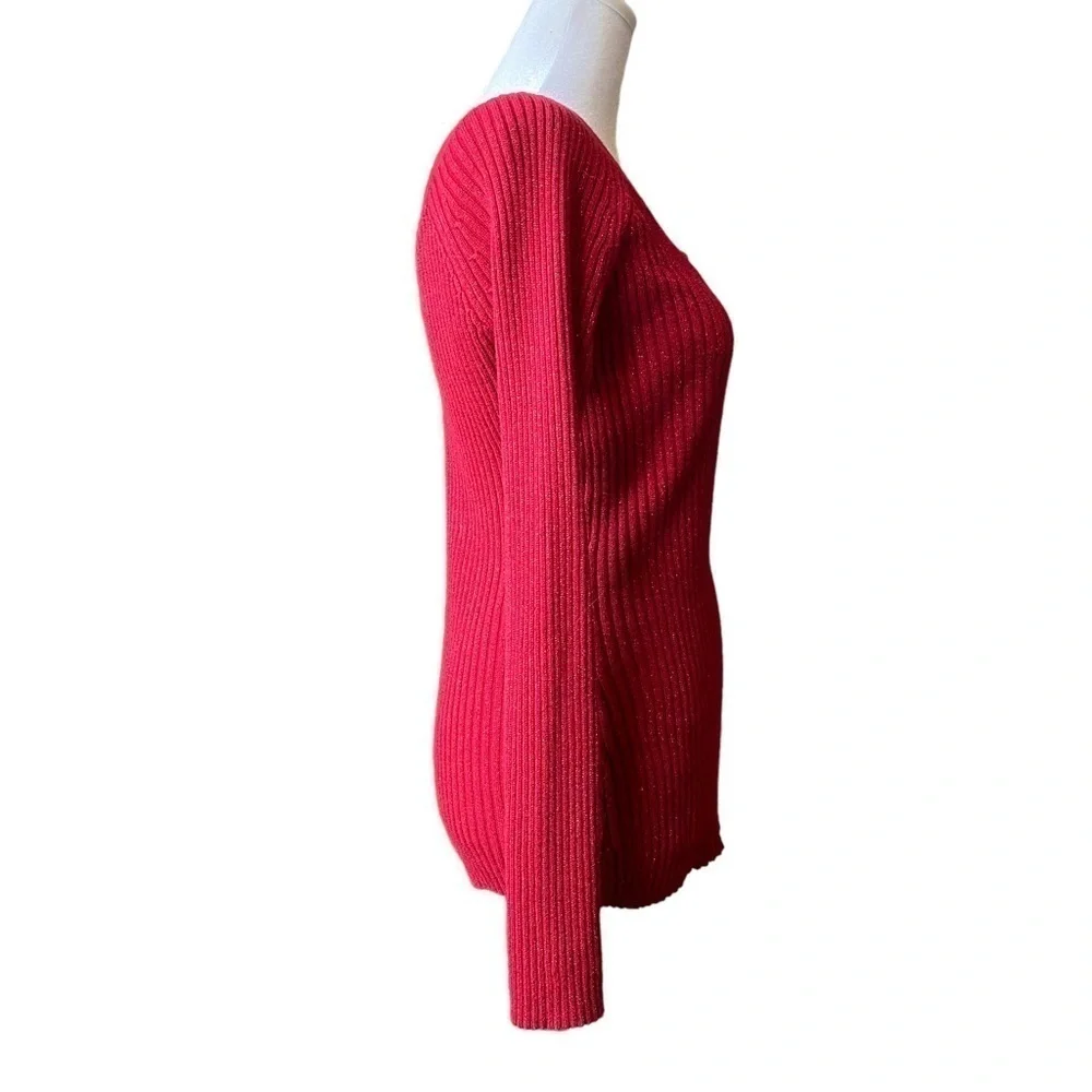 New York & Co woman's M red metallic sheen long sleeve Vneck knit ribbed sweater